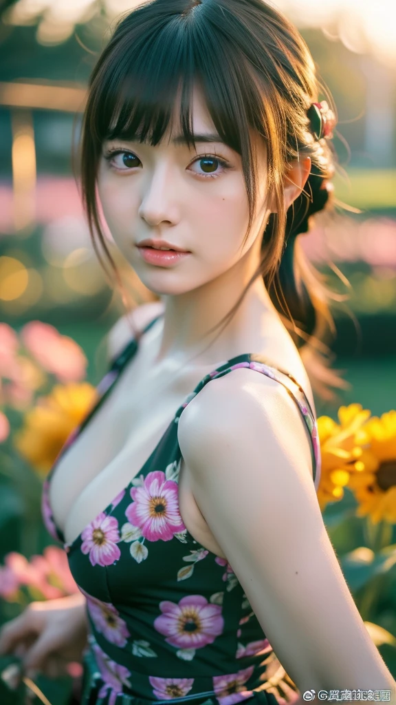 (masterpiece, ultra-detailed, ultra-realistic, best quality, clear focus, photorealistic), (ultra-high resolution, 8k:1.3), (cinematic color-grading film, dramatic scenes:1.3), shadow, global-illumination, perfect anatomy, (perfect face), (ultra-detailed face, detailed eye:1.3), (Japanese anime-style girl:1.2), (high school student but farmer:1.2), professional light, (very beautiful with very cute but cool Japanese face:1.1), (amazing view of flower field:1.2), (wearing sexy farmer's outfits:1.2), slim waist, very large breasts, face focus, beautiful anime-character-like floral patterned eyes,