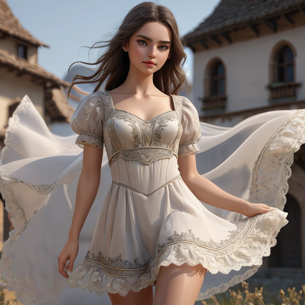 (Highly detailed CG Octane render 8k wallpaper),  Girls Underwear, You can see real bloomers made from cotton fabric.., With panniers, Medieval Translucent Dress, Fabric Realism, Low - Angle,  Pull up the dress by hand, Strong winds, Translucent slip, Translucent slip, tights, Highest quality, whole body, I can see your thighs, Silver and gold embroidery, The dress is also embroidered.