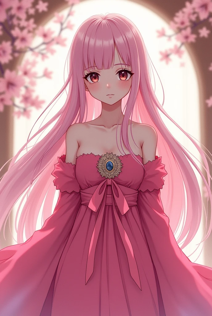 (Dragon Ball character) A shy and beautiful girl with maroon eyes, Dark pink skin and light pink hair that reaches the floor, with a hot pink dress tied with a brooch and a pinky colored ribbon, Also wearing long sleeves like a kimono and having her chest half covered