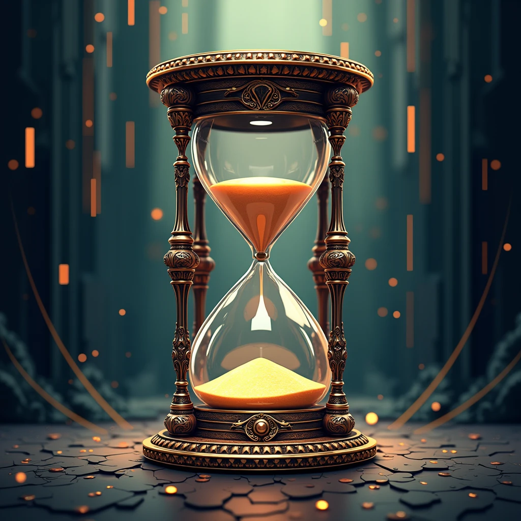 Realistic logo of An ancient hourglass with futuristic vector backgrounds.
