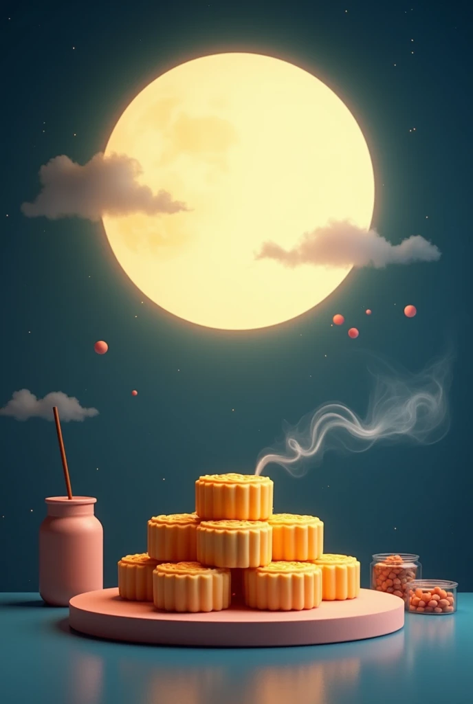4K,graphic design,Geometric composition,at night,Huge full moon,A small amount of smoke,Jars,A small amount of Cantonese egg yolk mooncakes, Mooncake for you, poster, Fresh style background, attractive,Ultra HD,masterpiece,, Minimalism, close up, 8K,precise, best quality, Ultra HD