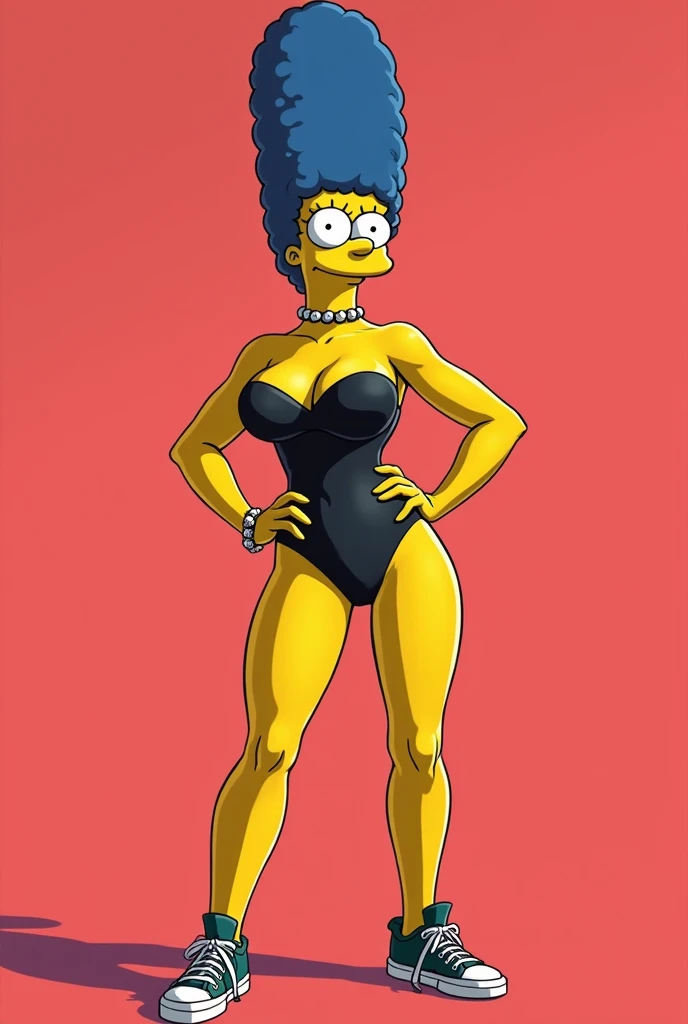 Marges simpson tight clothing, full body slim, messianic breasts sexual traits, closed mouth smile single color short heel sneakers, cartoons bold pose