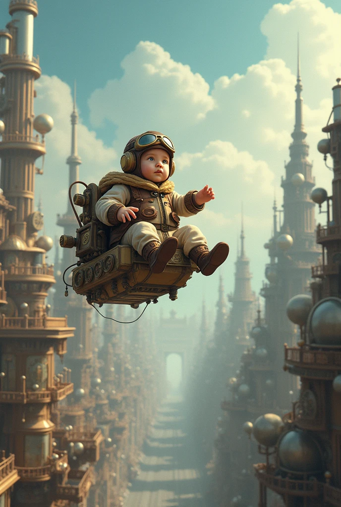 Fairy tale picture book,Huge steampunk world, flies over the city in a flying machine,Flight Cap,Flight Suit,Flight Boots,Like the whole body,high quality,High resolution,masterpiece,Ultra-fine,Depth of written boundary