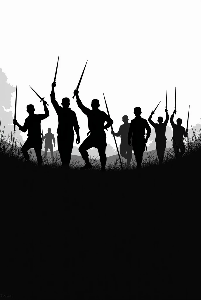 Make me a silhouette of Katipuneros wearing a long sleeve and a rolled up pants and raising their weapon also make them like their going into war many of them make the background the easiest to remove 