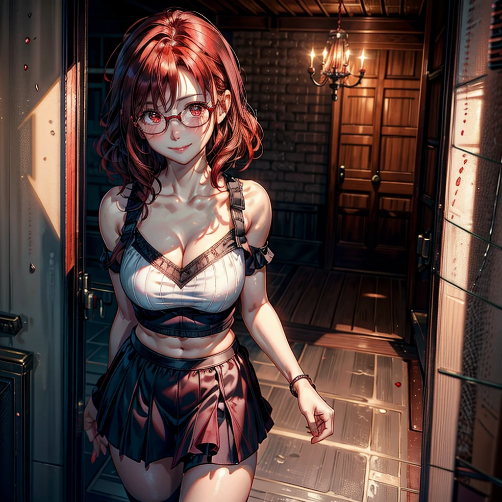 .1 woman,Alone, breasts a little big,short hair, Red eyes, curly hair, natural redhead,Red eyes, round glasses, from above, smile, Blush all over the face, coquette, throw, smile radiante, short black skirt, Light pink off shoulder blouse, standing, Entrance of a house, tilted head.
