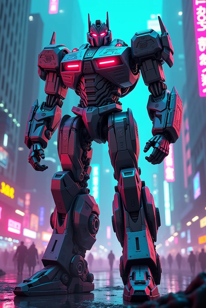 Transformer in cyberpunk neon city with neon lights standing with hulk