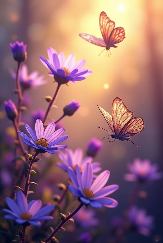 ligtning,beautiful flowers in purple color shades,flying butterflies,gold dusted in every where,