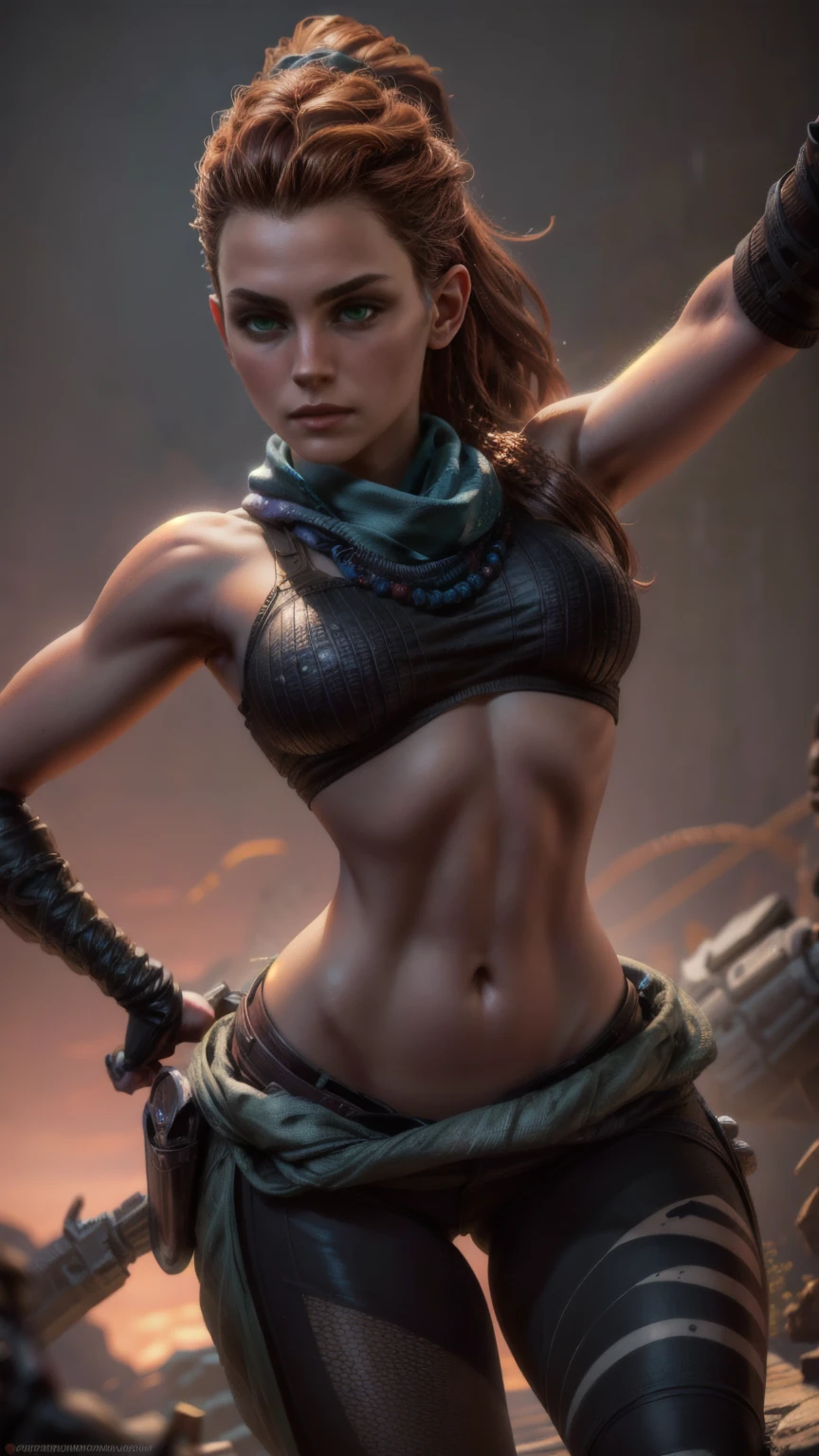 beautiful detailed eyes, beautiful detailed lips, extremely detailed eyes and face, long eyelashes, 1girl, cosplay, Kim Possible cosplays as Aloy from Horizon games, intricate detailed costume, high quality 3D render, cinematic lighting, photorealistic, hyper detailed, vibrant colors, warm lighting, dramatic pose, dynamic action, epic fantasy, human anatomy, no bra