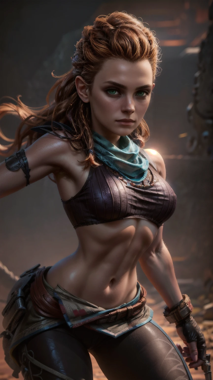 beautiful detailed eyes, beautiful detailed lips, extremely detailed eyes and face, long eyelashes, 1girl, cosplay, Kim Possible cosplays as Aloy from Horizon games, intricate detailed costume, high quality 3D render, cinematic lighting, photorealistic, hyper detailed, vibrant colors, warm lighting, dramatic pose, dynamic action, epic fantasy, human anatomy, no bra