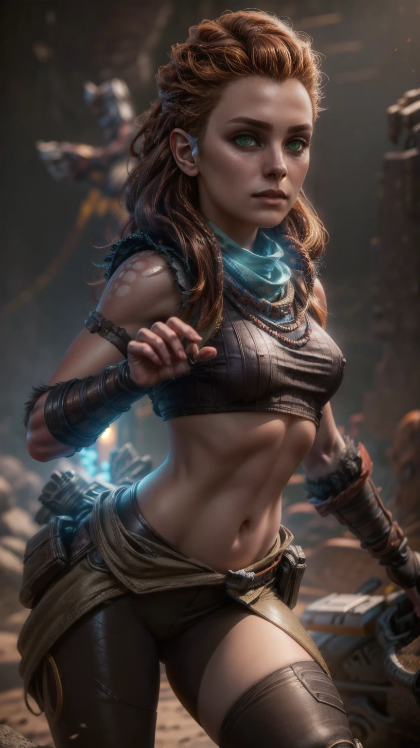 beautiful detailed eyes, beautiful detailed lips, extremely detailed eyes and face, long eyelashes, 1girl, cosplay, Kim Possible cosplays as Aloy from Horizon games, intricate detailed costume, high quality 3D render, cinematic lighting, photorealistic, hyper detailed, vibrant colors, warm lighting, dramatic pose, dynamic action, epic fantasy, human anatomy, no bra