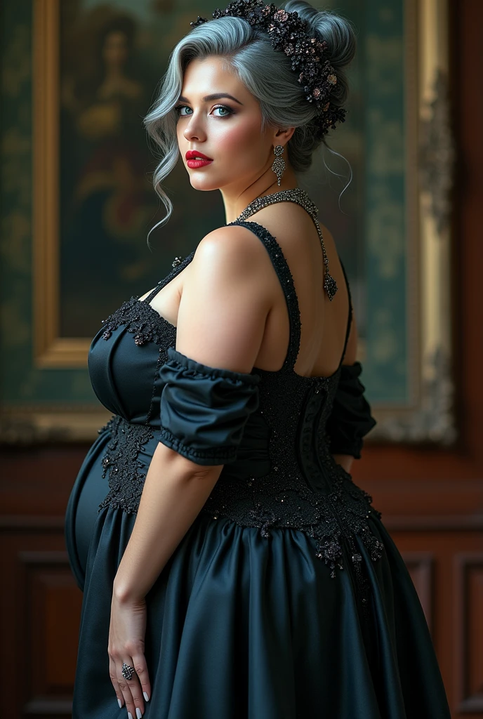 Ganzkörper, Fotografie, UHD, masterpiece, anatomically correct, Super detailed, surrealism, gray hair, beautiful female model, smooth skin, (Victorian style maxi dress with intricate embellishments), necklace, ring accessories, head piece, wavy hair, perfect face, beautiful face, charm, big and gorgeous eyes, blue eyes, red lips, dark makeup, glamorous body, plump body, (big ass), (wide hips), movie light effects