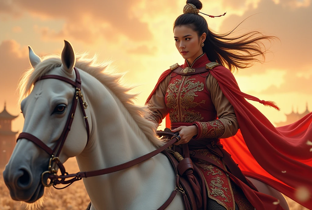 motion blur,  Side view, ride on white horse, horse harness,  hold bridle,  run horse , dynamic scene, full-body   Ancient Chinese Girl, 2nd century, Beautiful young Chinese general,  The girl is 25。(Highly detailed face, Black Hair, Mid-length hair ,Brown eyes, Variegated eyes, Ordinary eyes,  Tapered eyebrows,  Fuller lips, Small lips, Silas), (Earrings), (Middle chest, Middle Hip), (ancient Chinese costume, Red Leather Armor Embossed Dragon Armor ,  Leather inner,  Wear a red cape on your shoulders ), battle field, sunset ,(masterpiece, Highest quality, masterpiece, God-like quality, Sacred art,  Very realistic)
