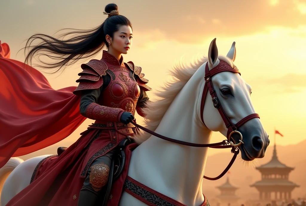 motion blur,  Side view, ride on white horse, horse harness,  hold bridle,  run horse , dynamic scene, full-body   Ancient Chinese Girl, 2nd century, Beautiful young Chinese general,  The girl is 25。(Highly detailed face, Black Hair, Mid-length hair ,Brown eyes, Variegated eyes, Ordinary eyes,  Tapered eyebrows,  Fuller lips, Small lips, Silas), (Earrings), (Middle chest, Middle Hip), (ancient Chinese costume, Red Leather Armor Embossed Dragon Armor ,  Leather inner,  Wear a red cape on your shoulders ), battle field, sunset ,(masterpiece, Highest quality, masterpiece, God-like quality, Sacred art,  Very realistic)