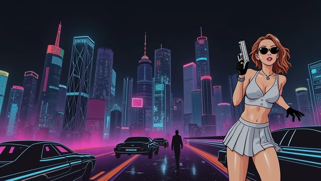 Futuristic cityscapes with colorful all-glass outlined towering skyscrapers with lightning, flying vehicle. High-resolution OLED GUI interfaces in the building, The windows are filled with transparent data visualization infographics that show it all, from weather patterns to traffic flow. Colors are saturated and vibrant. At night, (1girl, solo, alone), photorealistic, large-breast slim:0.6 body, oval:0.5 face, cleavage:1.1, very low angle view of pleated miniskirt, deep-v, (upskirt), glove, (Matrix style black micro sunglasses), (aiming viewer with a short gun), dynamic running pose, (half-body thigh level close-up shot), cinematic lighting, ray tracing, motion blur background.