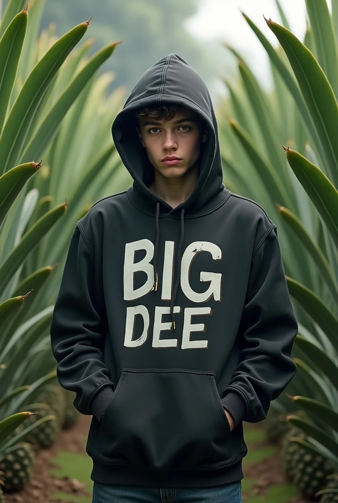 A young man wearing a hoody name on the hoody is BIG-DEE standing under the in the pineapple 
plantation 