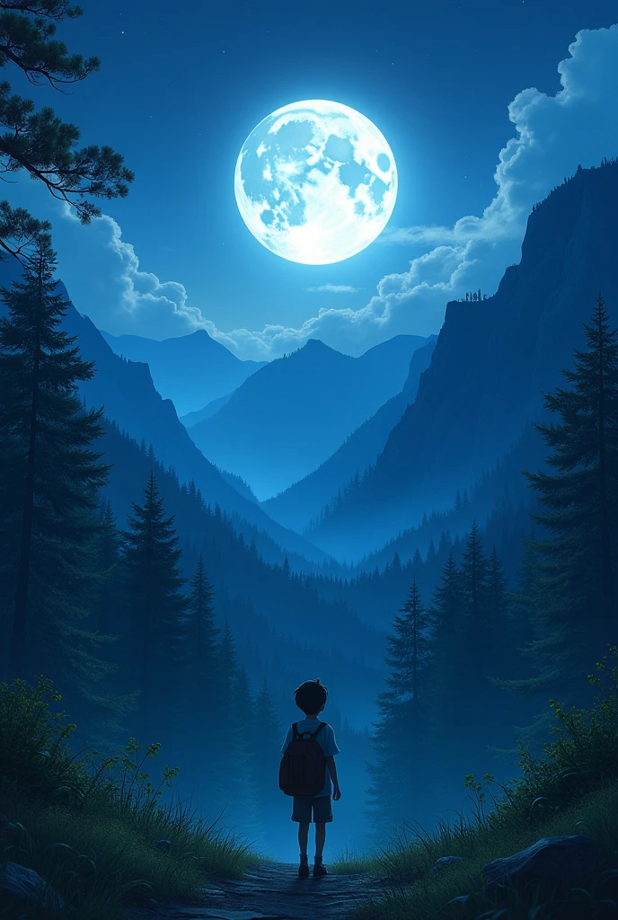 A beautiful full moon in the night over the mountain forest.and there are a boy with his school bag and he thinks where he was ho