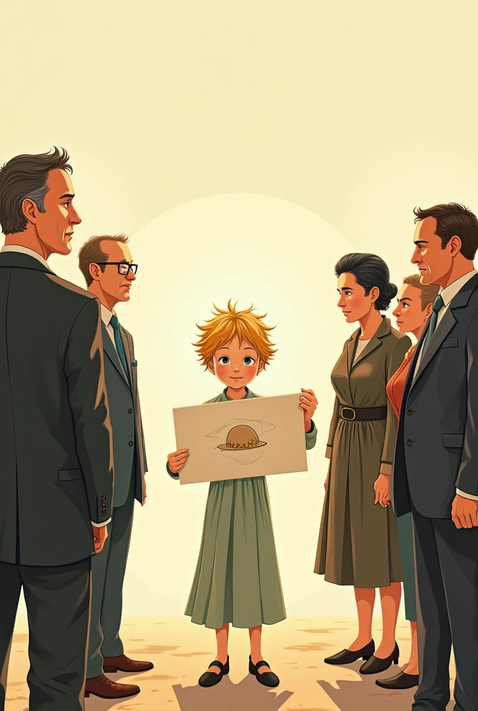 Based on the book "the little Prince" by Antoine de Saint-Exupéry.
Create an image of the protagonist by showing several adults the drawing he made in the shape of a hat., as in the first chapter