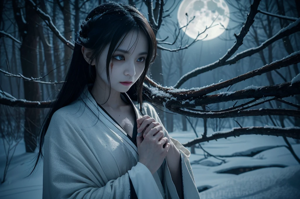 "Include blood, gore, violence, wounds, injuries, corpses, decay, rotten elements, horror elements, scary faces, monsters, grotesque details, mutilation, dismemberment, dark themes, disturbing content, graphic content, explicit content, nightmarish elements." Include unsettling details, with intense focus on sharp, menacing features. Emphasize dark, shadowy elements that obscure and distort, creating a sense of impending doom. Add bloodstained textures and fractured surfaces to enhance a gruesome, nightmarish effect. Incorporate twisted, elongated limbs or appendages that move unnaturally. Highlight eerie, glowing eyes that pierce through darkness, reflecting a deep malevolence. Add hints of decaying or decomposing elements to suggest an ancient, cursed being. Use jagged, irregular forms and sharp edges to evoke a feeling of dread. Surround the figure with an aura of oppressive, foreboding darkness that creeps into every corner of the scene **Prompt:** Create an ultra-realistic 8K image of Yuki-onna, the snow spirit from Japanese folklore, reimagined as the terrifying star of a horror movie. Yuki-onna retains her iconic features: pale, almost translucent skin that glows eerily in the moonlight, and long, jet-black hair that cascades down her back, partially obscuring her face. Her icy blue eyes pierce through the darkness with a haunting, otherworldly gaze. She wears a tattered white kimono that blends into the snowy landscape, making her appear as if she is emerging from the very ice itself. The scene is set in a desolate, snow-covered forest under a full moon. The trees are bare, their twisted branches reaching out like claws. A chilling mist rolls through, shrouding the ground in an eerie fog. Yuki-onna stands in the foreground, her expression cold and emotionless, with a sinister smile just beginning to form. Her hands, elongated with sharp, claw-like nails, reach out as if to grasp the viewer, while the air around her freezes, creating a crackling sound that a