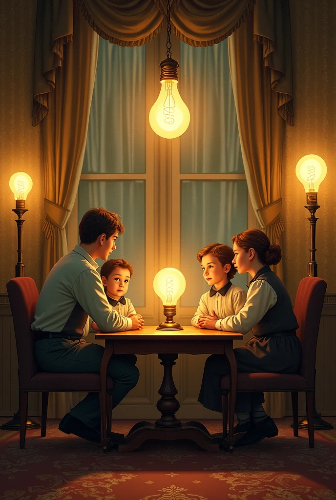 Light Bulb Introduction: "A vintage-style illustration of a room lit by early incandescent light bulbs, showcasing the contrast between the old gas lamps and Edison's new electric lighting."