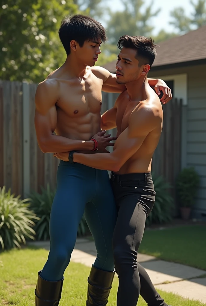 (Masterpiece), Best quality, expressive eyes, perfect face, slim, photorealistic, A young Latino man, shirtless, short hair, thin, , dressed in blue lycra pants and black riding boots, is being strangled by a young man, by the neck, in the yard, in a house.