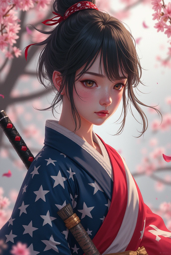 Hakama reminiscent of the American flag、Holding a sword、After the battle、Very sensitive skin、I have a few freckles、SakuraFubuki、Also々Shii、masterpiece、High resolution、Like a single-lens reflex camera
