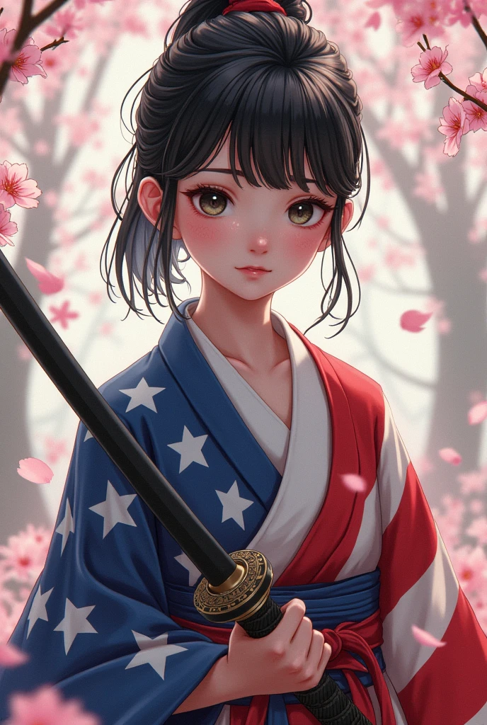 Hakama reminiscent of the American flag、Holding a sword、After the battle、Very sensitive skin、I have a few freckles、SakuraFubuki、Also々Shii、masterpiece、High resolution、Like a single-lens reflex camera