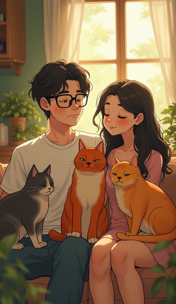 Generate images of Studio Ghibli couples。The man wears glasses、The woman has wavy Studio Ghibli-style hair and two cats。, One is orange、The other is a Roman cat..