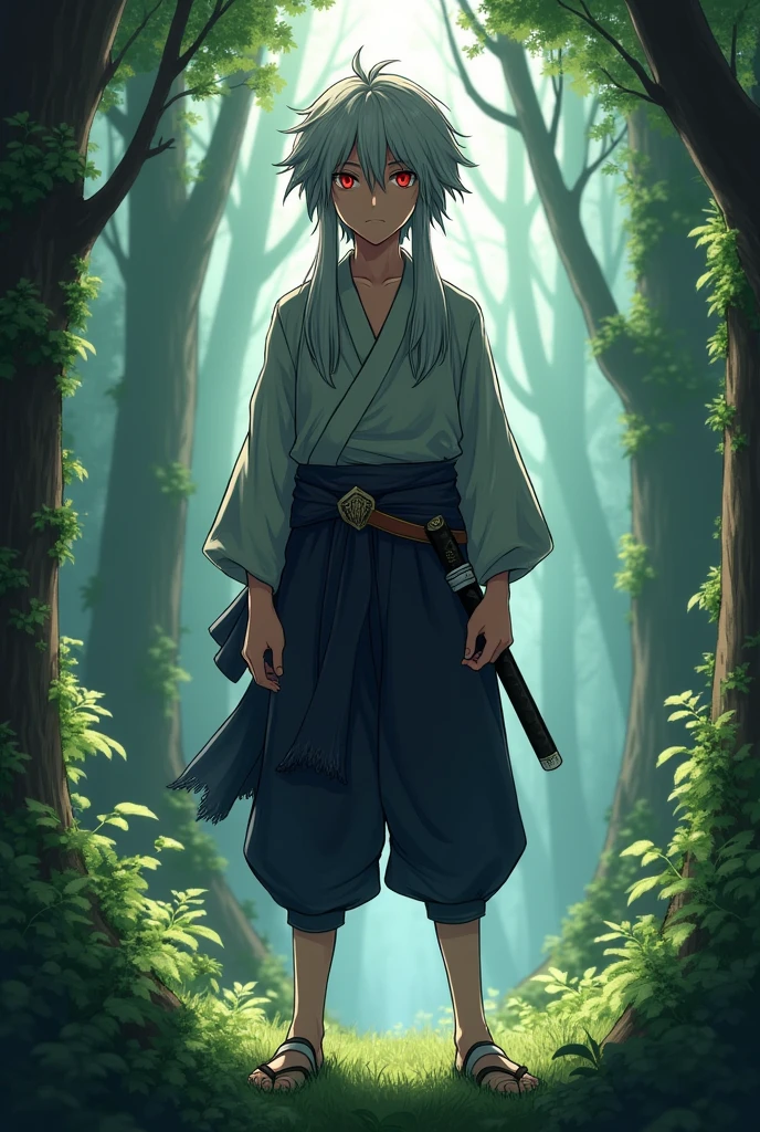 tall young boy with grey hair, red eyes in a forest backgroud, a Katana in his belt long hair,