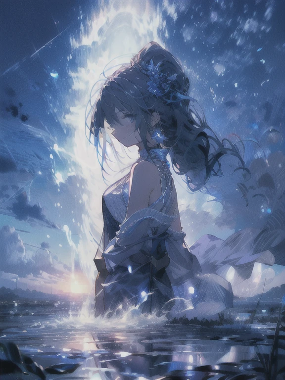 beautiful、ephemeral、Silver Marble Skin、hope、Highest quality、bright、cute、Mature、Very delicate、masterpiece、Dynamic Cloud、Mysterious and fantastic landscapes、Magical atmosphere、blue、black、White clothes