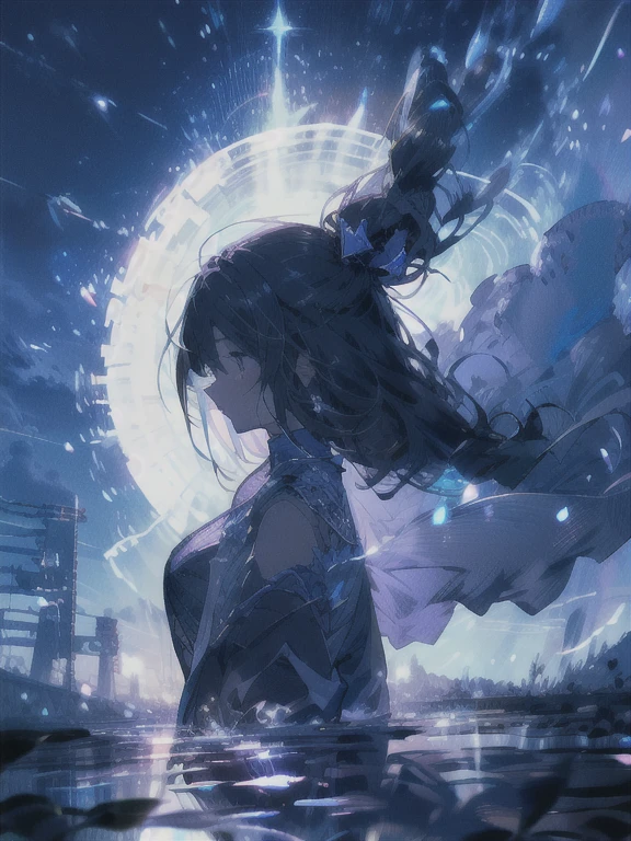 (((Pulled by chains)))　((High resolution　Black Hair　Long Hair　Dull blue eyes　uniform　Lonely　despair))　((necklace　tears　gloves))　(night　Distorted Space-Time　star　moon　)　Catch the wind　Light