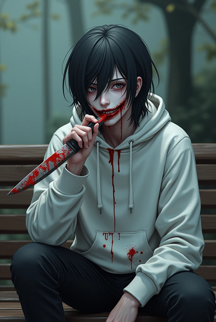 Man with white skin without eyelids with a cut smile licking a bloody knife wearing a white hooded sweatshirt stained with blood and black pants with medium long hair quite attractive sitting on a bench looking like anime type