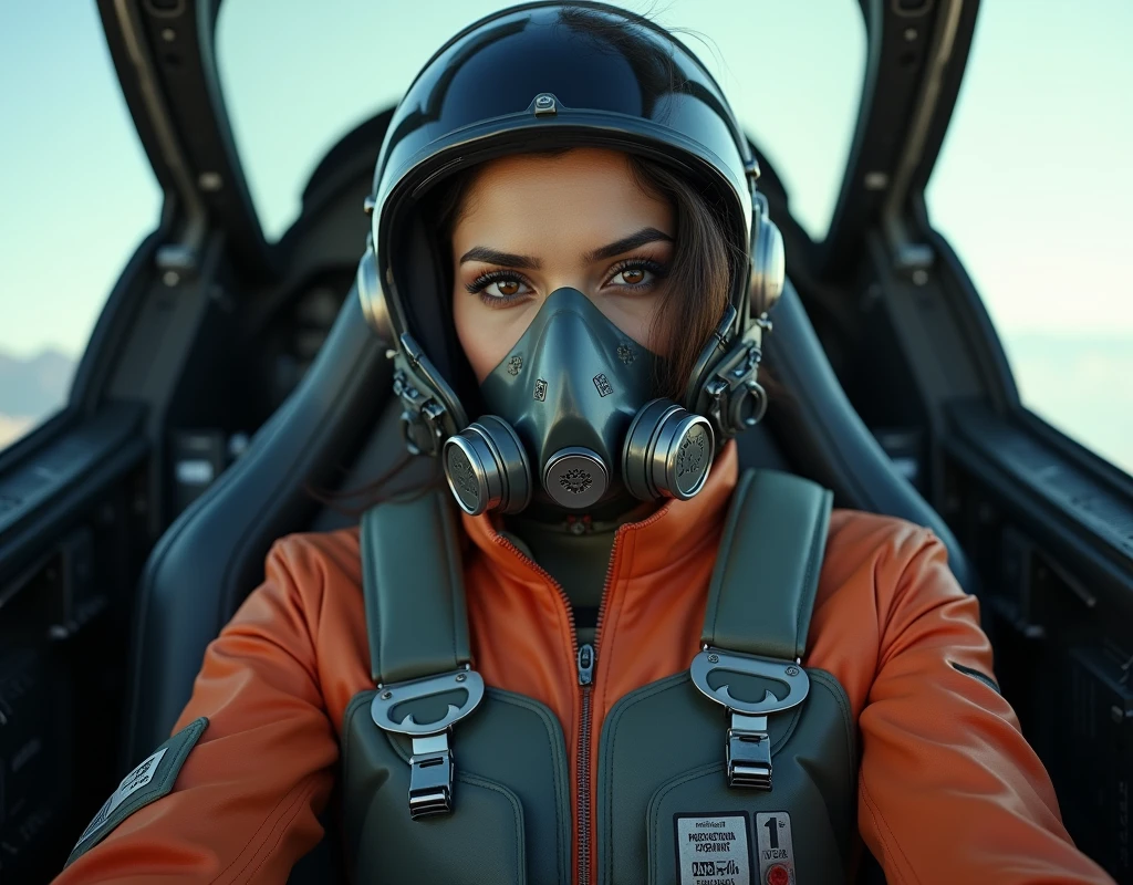 Aishwarya Rai wearing a fighter pilot suit, wearing a pilot helmet and oxygen mask, sitting inside cockpit of a fighter plane, full body view, far view, externalview,