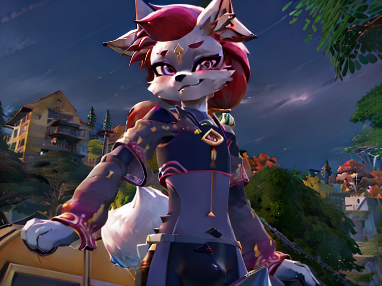 Best quality, Super detailed illustration, (furry fox boy:1.4), Kimiko, masculine face and body, disheveled thick white and pink anime ponytail hair, white fur, detailed eyes, two-tone fur, strong six pack abs, shirtless, red pants, smug smile, half-closed eyes, against the background of the harbor, male, small waist, wide hips, slim, perfect body, style "DND"