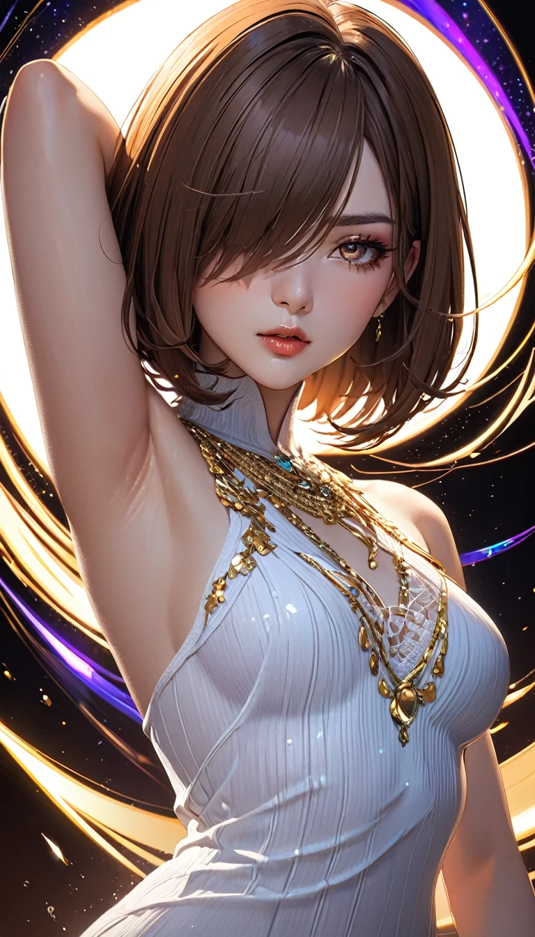 beautiful lady, glossy orange brown layered bob-cut, hair over one eye, (attractive and seductive) and (amorous and lewd) face, make-up, wearing white knit sleeveless dress, gold accessories, glamorous proportions, armpits, background dim bar, (ultra detailed, absolutely resolution, best quality:1.3), 2.5D, delicate and dynamic effects, iridescent lighting effects, artistic, hyper, graphic CG digital art