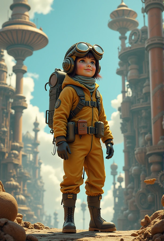 Fairy tale picture book，Huge steampunk world，Flight Cap，Flight Suit，Flight Boots，Like the whole body，high quality，High resolution，masterpiece，Ultra-fine，Depth of written boundary