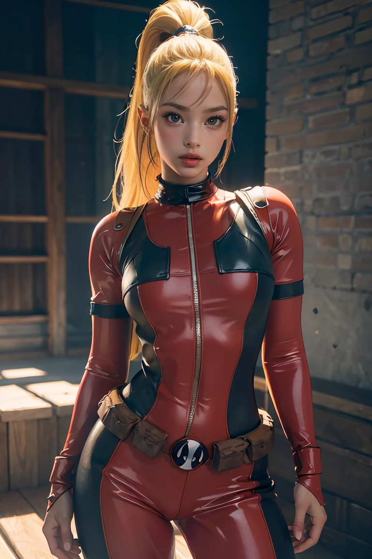 (((3d,CGI))) “cartoon art-style” realistic portrait of a sexy and busty female superhero character in the style of Deadpool, I have blonde hair., Wear tight clothing., holding a sword, Pose seductively and confidently, It is large, good figure., (best quality,4K,8ก,height,Masterpiece:1.2),Very detailed,(realistic,photorealistic,photo-realistic:1.37),Very detailed,Beautifully detailed eyes,Beautifully detailed lips,ดวงตาและใบหน้าที่มีรายVery detailed,Long eyelashes,Intricate costume details,dynamic light,Stunning shadow,bright colors,movie elements