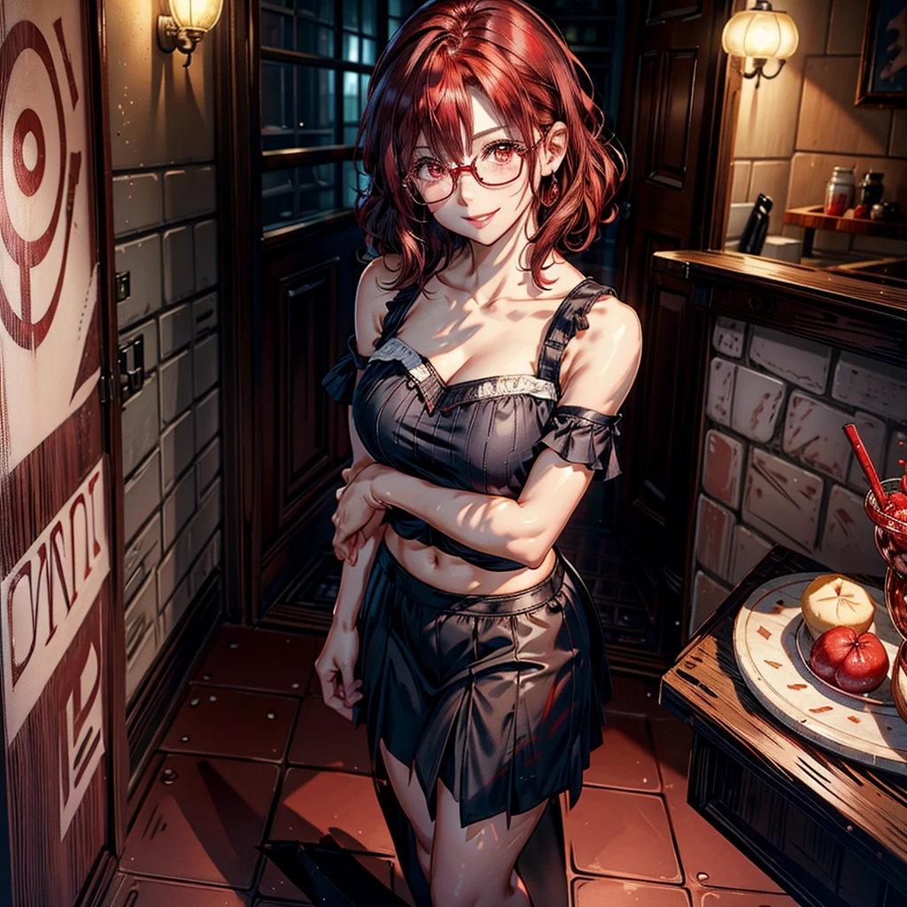 .1 woman,Alone, breasts a little big,short hair, Red eyes, curly hair, natural redhead,Red eyes, round glasses, from above, smile, Blush all over the face, coquette, throw, smile radiante, short black skirt, Light pink off shoulder blouse, standing, Entrance of a house.