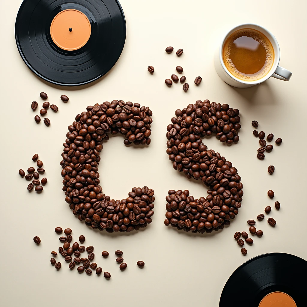 Create a playlist cover, Top down view, Coffe beans arranged to display the word "CS Cafe" and make exactly sure its exactly CS Cafe, make clear its about music so add some vinyl discs or something, computer science