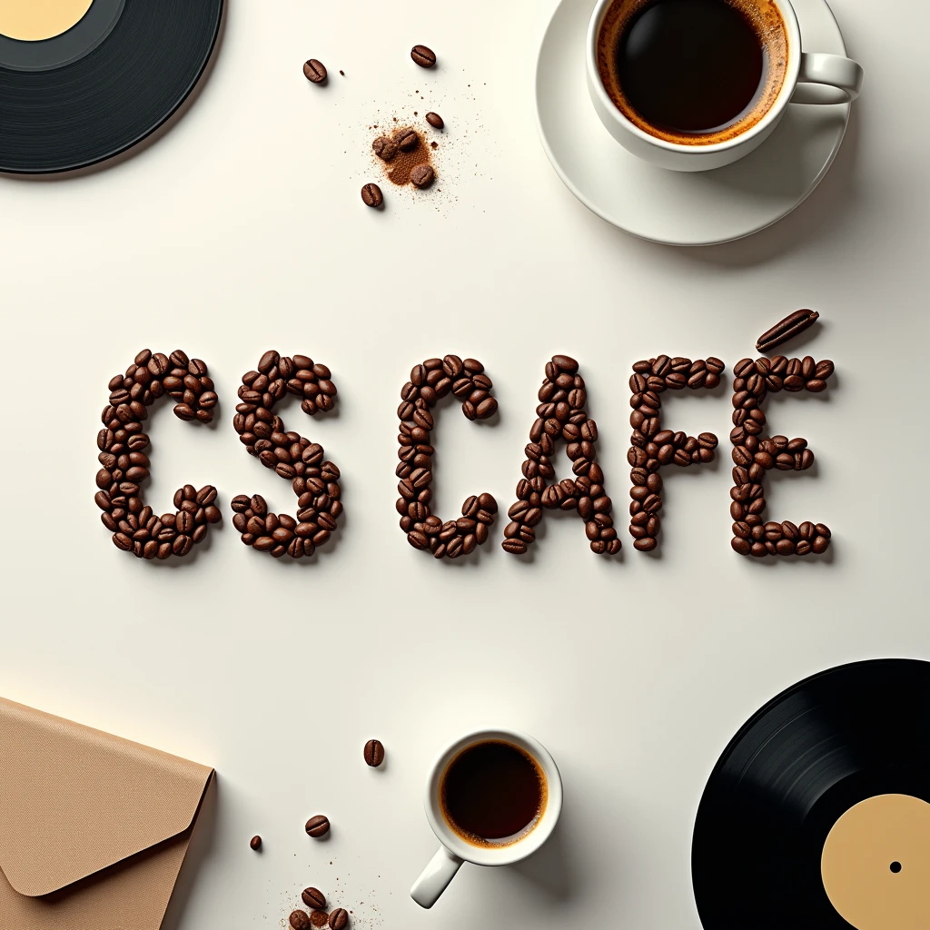 Create a playlist cover, Top down view, Coffe beans arranged to display the word "CS Cafe" and make exactly sure its exactly CS Cafe, make clear its about music so add some vinyl discs or something, computer science