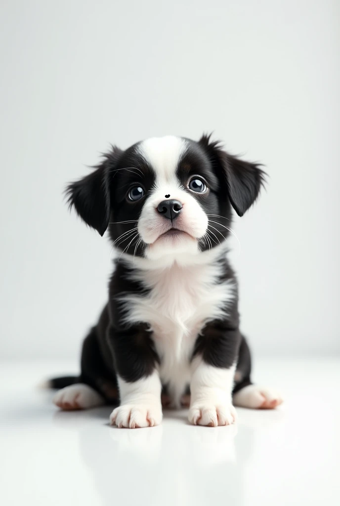 black and white puppy sitting on a white surface, adorable, white hind legs, Black front legs, Looking up, a small heart on her nose