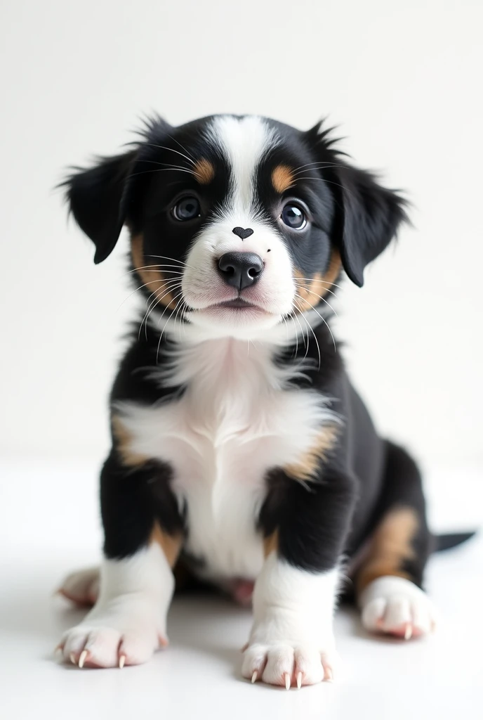 black and white puppy sitting on a white surface, adorable, white hind legs, Black front legs, Looking up, a small heart on her nose