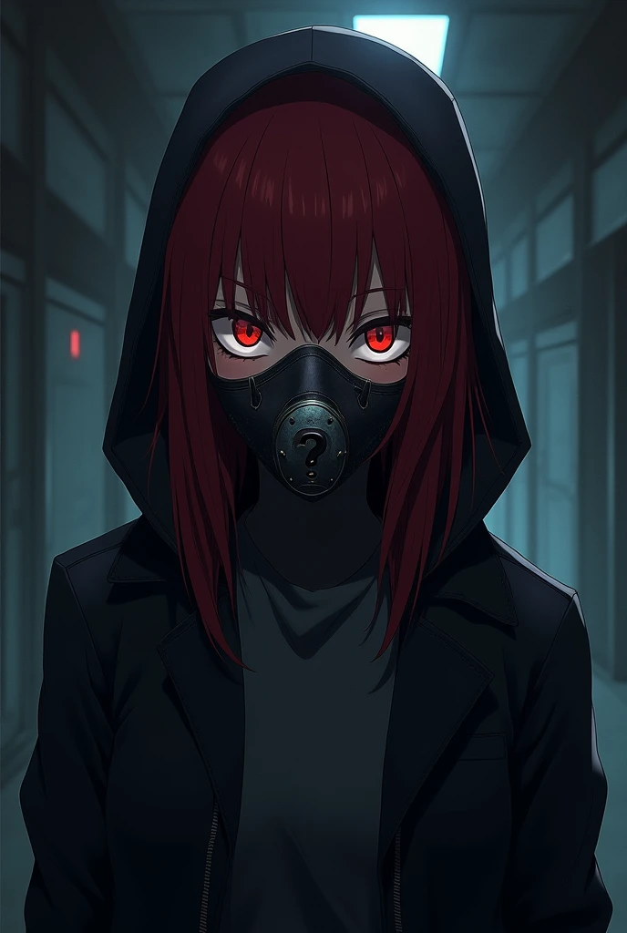 anime character with dark red hair and wearing investigator clothes and a mask with a question mark with glowing eyes and terror