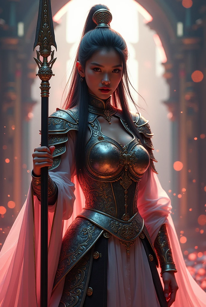 masterpiece, best quality, official art, extremely detailed CG unity 8k wallpaper,absurdres,8k resolution, exquisite facial features, prefect face, Cinematic Lighting, dynamic lighting, volumetric lighting maximalist photo illustration: by Marton bobzert, 8k resolution concept art intricately detailed, complex, elegant, majestic, ???????, fantastical, aspect ratio:16:9, shining Ancient Chinese armor, Fantasy detailers, a woman (Beautiful face, young, Supermodel) in Epic Ancient Chinese armor, neon light armor, straight long hair, standing holding a spear, Fantasy detailers, looking_at_viewer, front view, sexy woman, big breasts,