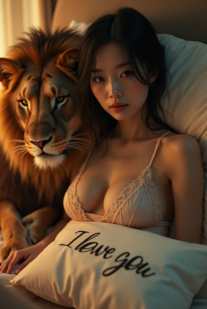 A Japanese woman in lace pajamas sitting on the bed, Holding a big pillow，It says "I love you" It says, Her big breasts are partially covered by the pillow, Her cleavage exposed, Looking at the audience, full-body shot, A lion sitting next to him，Movie Lighting, glow, 