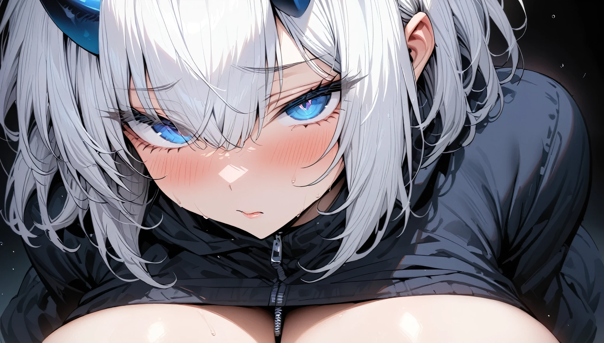 Highest quality、Best image quality、masterpiece、Highest quality, Very detailed,,One person, alone,short_hair,とてもbig_chest, White_hair, chestの谷間,full_body, blue_eye, black_ニーソックスblack_hoodie,Moe sleeves.blue_horn,とてもbig_Thighs,Big Breasts,Huge_chest, Face close-up,Huge_chest,big_chest,