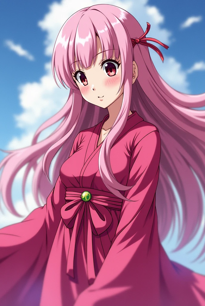 (Dragon Ball character) A shy and beautiful girl with maroon eyes, Dark pink skin and light pink hair that reaches the floor, with a hot pink dress tied with a brooch and a pinky colored ribbon, Also wearing long sleeves like a kimono and having her chest half covered, in the style of dragon ball super 