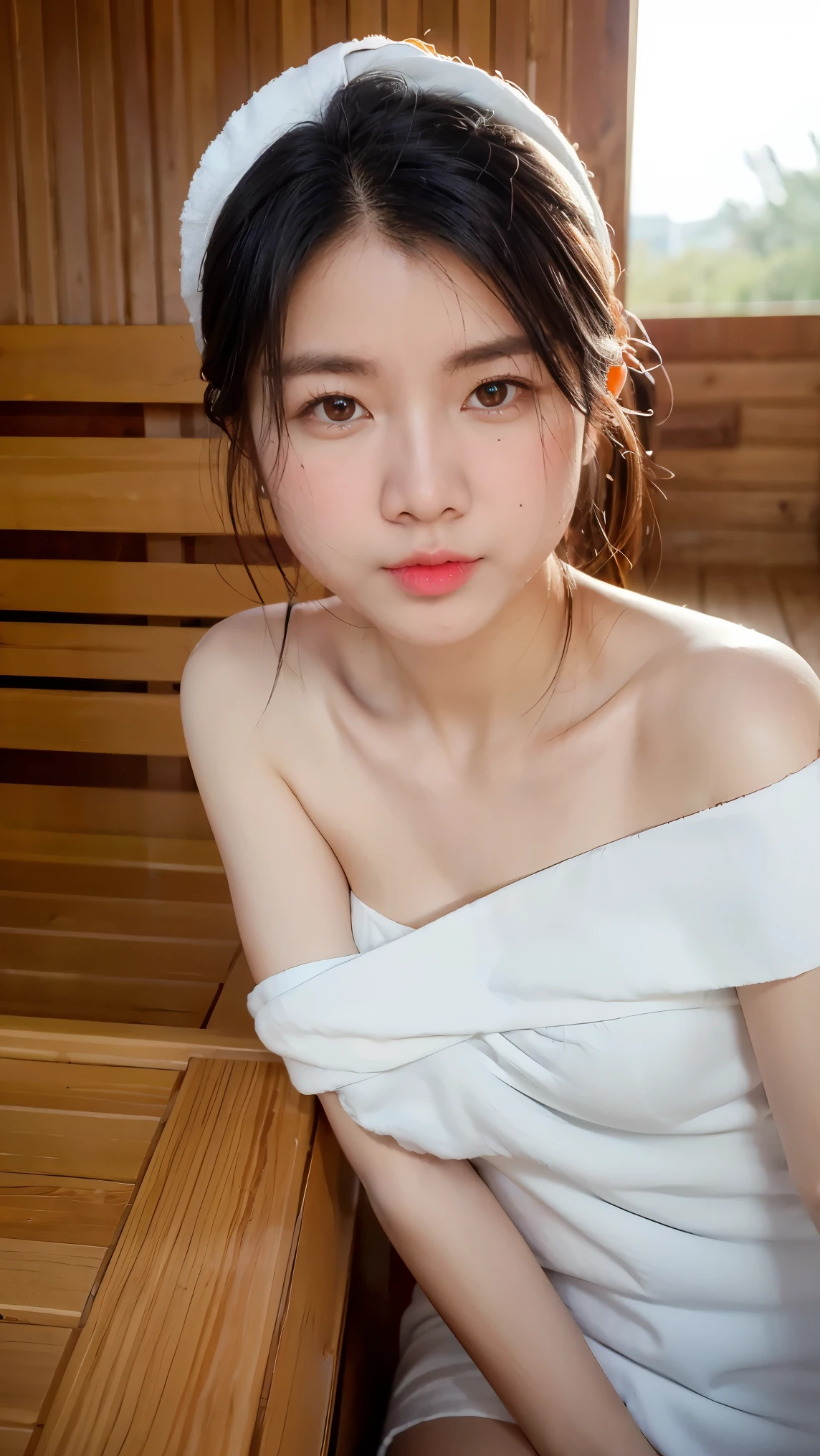 1Girl, Solo, (Masterpiece, Best Quality, 8K,,Photorealistic, real girl, mulberry:1.37), looking up at viewer, 1 dainty Japan, Slender body type: 1.1, Small breasts, Sitting, sauna, Double eyelids, Droopy Eyes, A dark-haired, (Sweaty face, Sweaty body: 1.2): 0.2, (White Oversized Towel Dress, strapless), (small in size, White Towel Turban: 1.1),, realistic body, makeups, Gloss slip, focus on face, smaller face, Sharp focus, Layered Cut, facing the viewer, The sauna has the following.., shot from the front