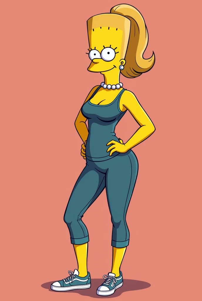 Marges simpson casual tight clothing, full body slim, messianic breasts sexual traits, closed mouth smile single color short heel sneakers,  cartoons bold pose