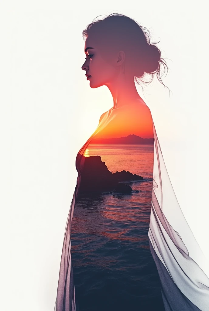 high quality, 8K Ultra HD, A beautiful double exposure that combines an goddess silhouette with sunset coast, sunset coast should serve as the underlying backdrop, with its details incorporated into the goddess , crisp lines, The background is monochrome, sharp focus, double exposure, by yukisakura, awesome full color,