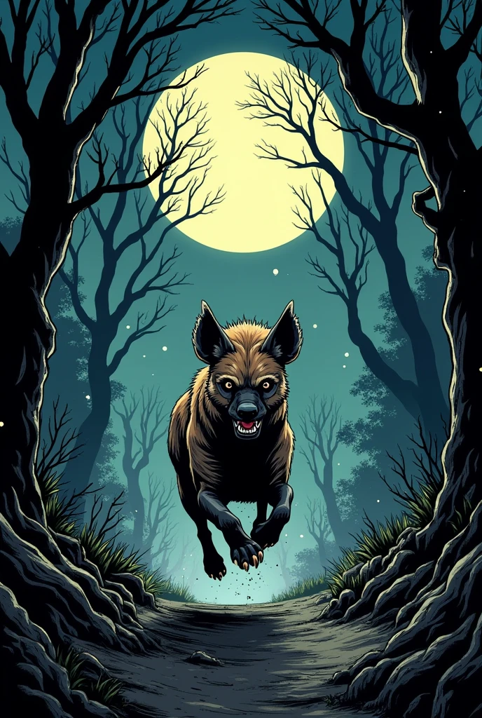A hyena running scared and afraid, the scene is already night, the sky has a huge moon and bright stars being covered by some trees in the forest, I want the scene to be dramatic and create a sense of suspense, comic book style.